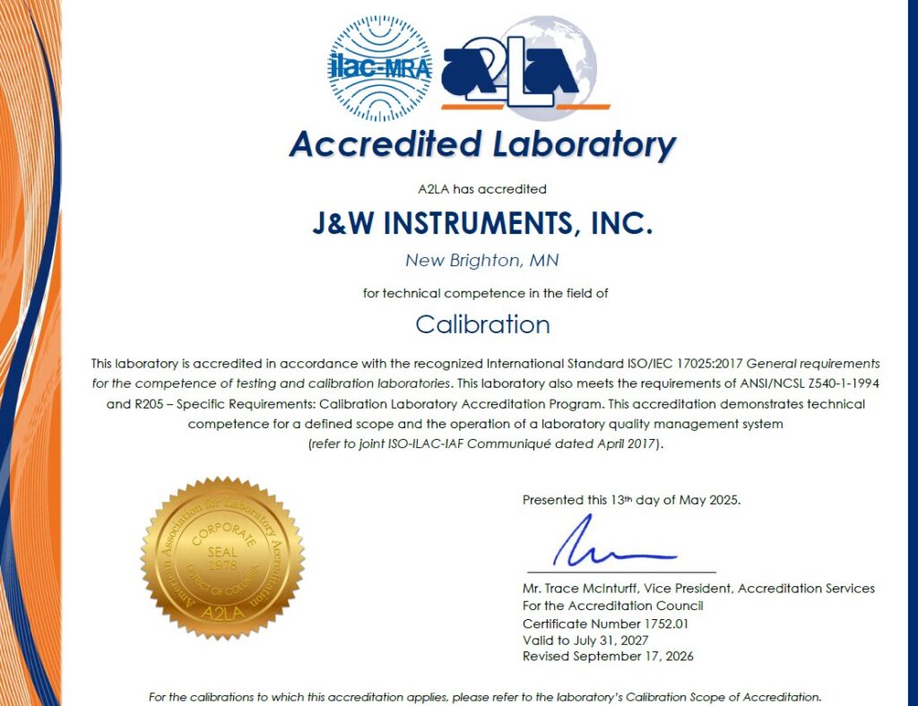 A2LA-2026 J&W Instruments A2LA -2026 Certification